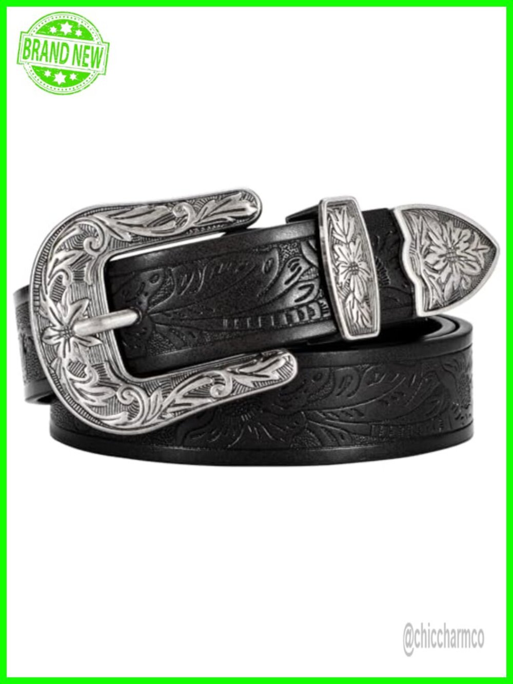 Western Belt for Women PU Leather Vintage Floral Carved Cowboy Belt